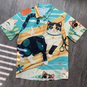 Casual Cat Print Button-Down Shirt - Turquoise & Yellow